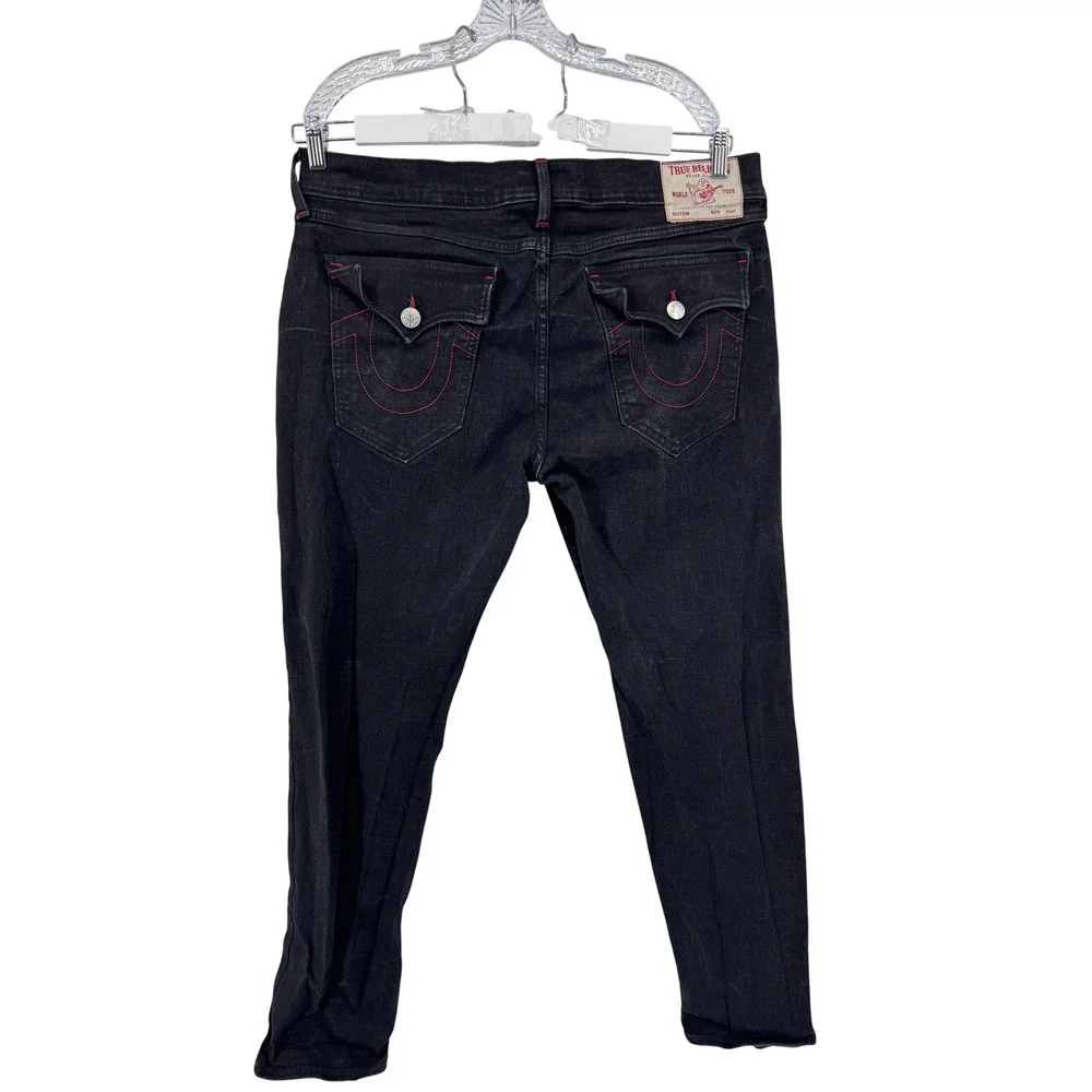 True Religion Geno Relaxed Slim Jeans Mens 38x32 Black Contrast Stitch Denim Y2K